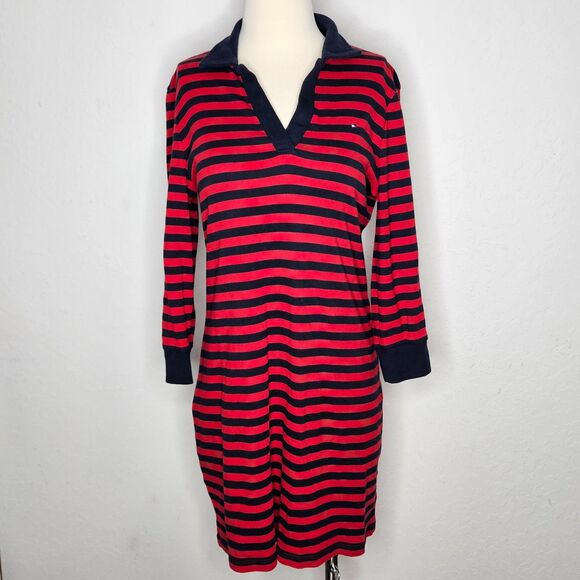 Tommy Hilfiger Preppy Rugby Dress Striped Cotton Polo Collar Navy Red Medium - Picture 1 of 7